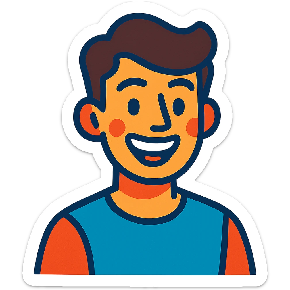 portrait of a happy young man, smiling, cheerful expression in vibrant toon style sticker