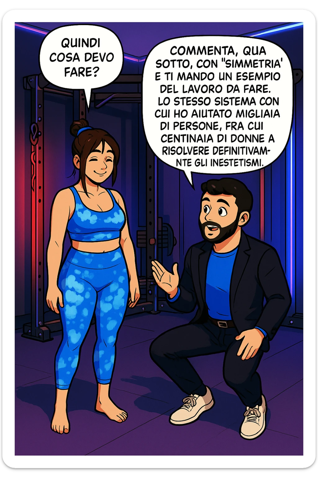 TRASFORMA QUESTO CAROSELLO IN UN FUMETTO STILE WEBTOON/MANGA A COLORI CON QUESTE DUE PERSONE IDENTICHE CHE INTERLOQUISCONO TRA LORO, LA DONNA SEMBRA SOLLEVATA/SODDISFATTA E CONTENTA:

LEI (DONNA): Quindi cosa devo fare?
LUI (UOMO): Commenta, qua sotto, con “simmetria” e ti mando un esempio del lavoro da fare. Lo stesso sistema con cui ho aiutato migliaia di persone, fra cui centinaia di donne a risolvere definitivamente gli inestetismi. sticker