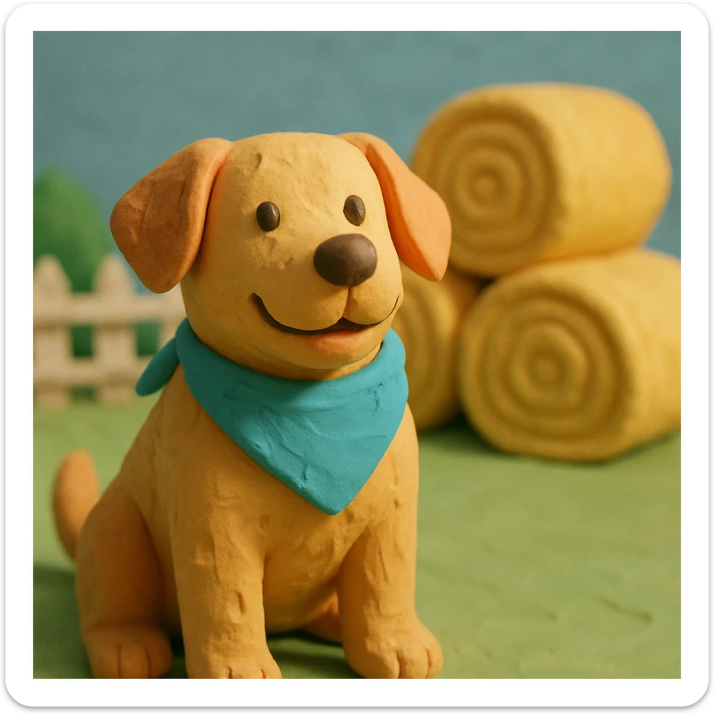 friendly farm dog with a bandana, hay bales in background, soft pastel colors, claymation style sticker