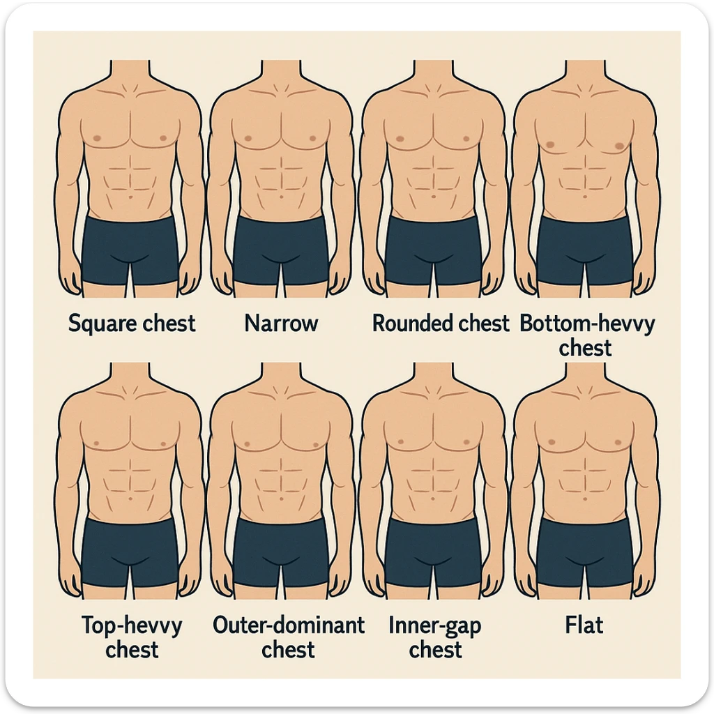 Make image of types of male chest shapes, few examples: Square chest, Narrow chest, Rounded chest, Bottom-heavy chest, Top-heavy chest, Outer-dominant chest, Inner-gap chest, Flat chest. sticker