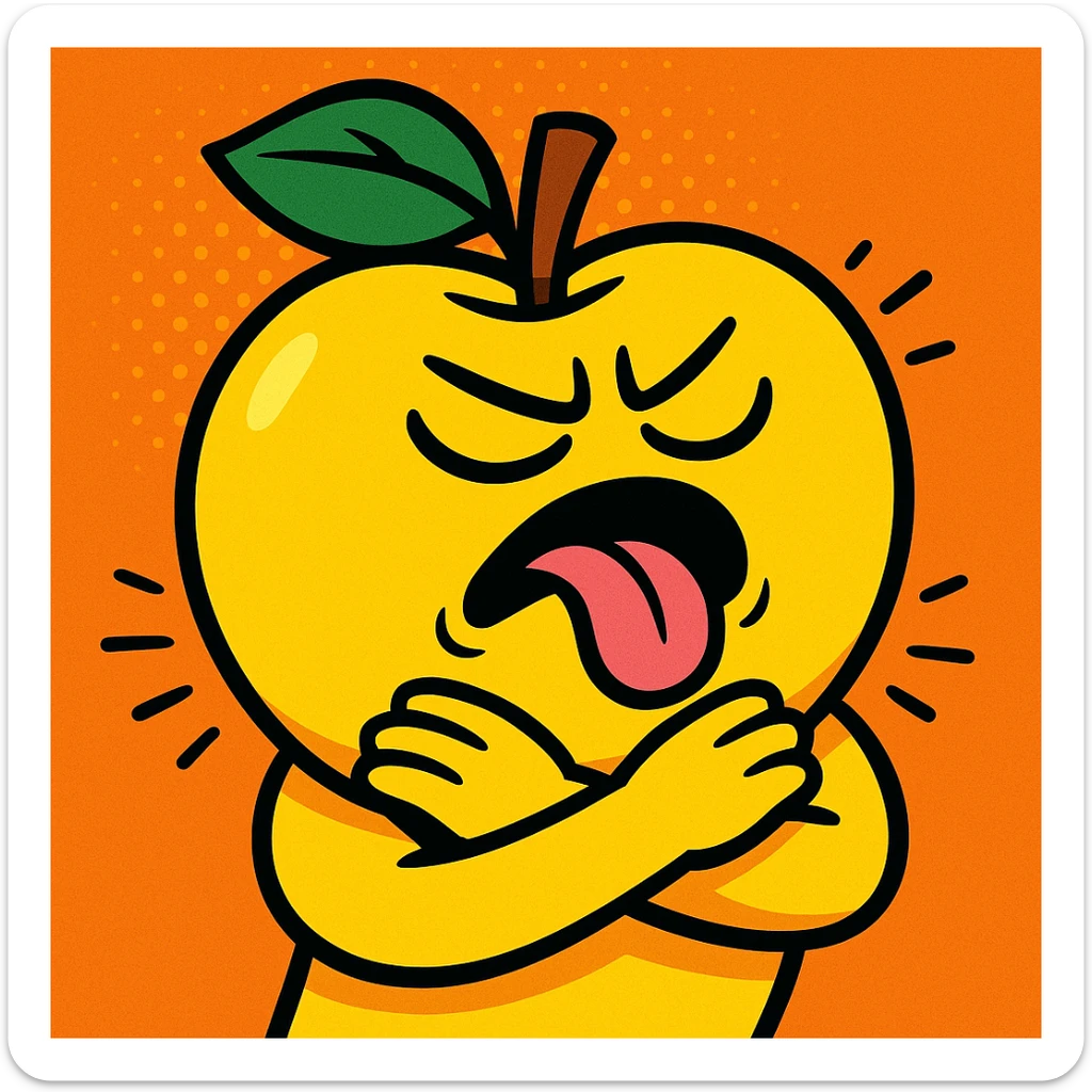 yellow apple, arms crossed around itself as if choking, closed eyes, tongue out, vibrant toon style sticker