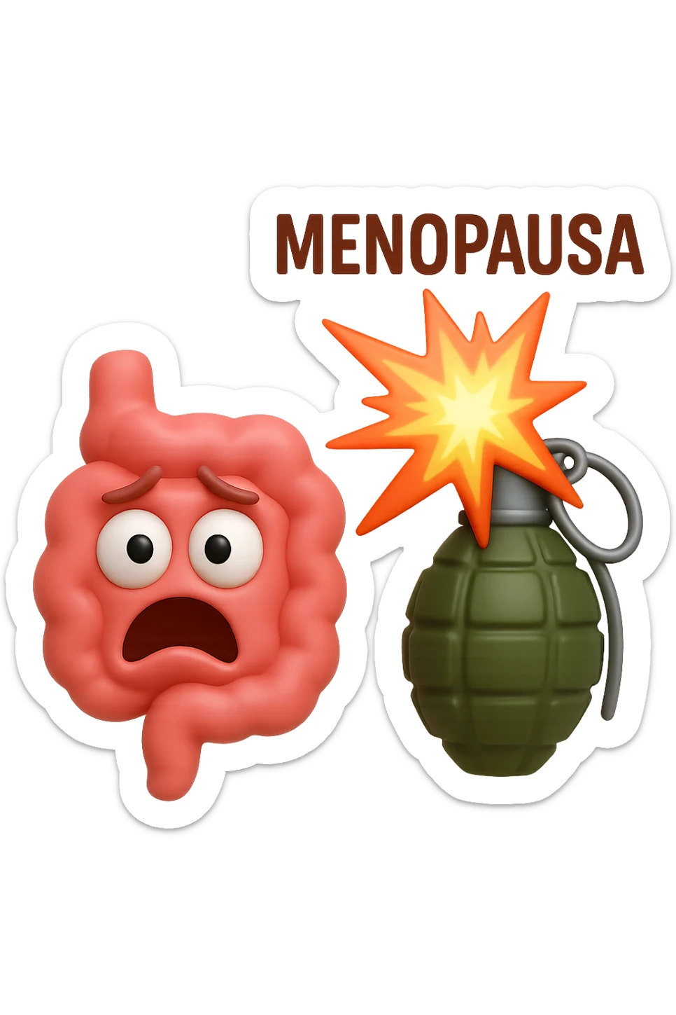EMOJI STILE IPHONE 3D DI INTESTINO 3D CON ESPRESSIONE SPAVENTATA IN VOLTO MENTRE ACCANTO A LUI SCOPPIA UNA GRANATA 3D CON LA SCRITTA "MENOPAUSA" SOPRA, FAGLI ANCHE LA PARTE BIANCA DEGLI OCCHI, NON SOLO LA PUPILLA sticker