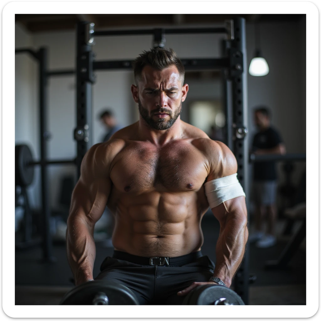 European powerlifter in weight room, with prominent shoulder bandage, determined but pained look, continuing to train with light weights, resilience atmosphere, realistic details, gym background. sticker