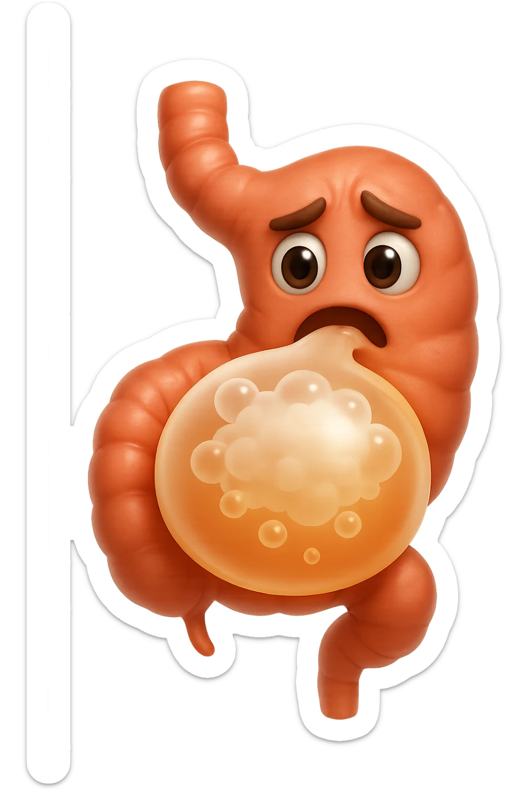 emoji stile iphone di un intestino che ingoia una nuvoletta di aria ben visibile e gli si gonfia la pancia, non fargli il naso, iperrealistico 4k sticker