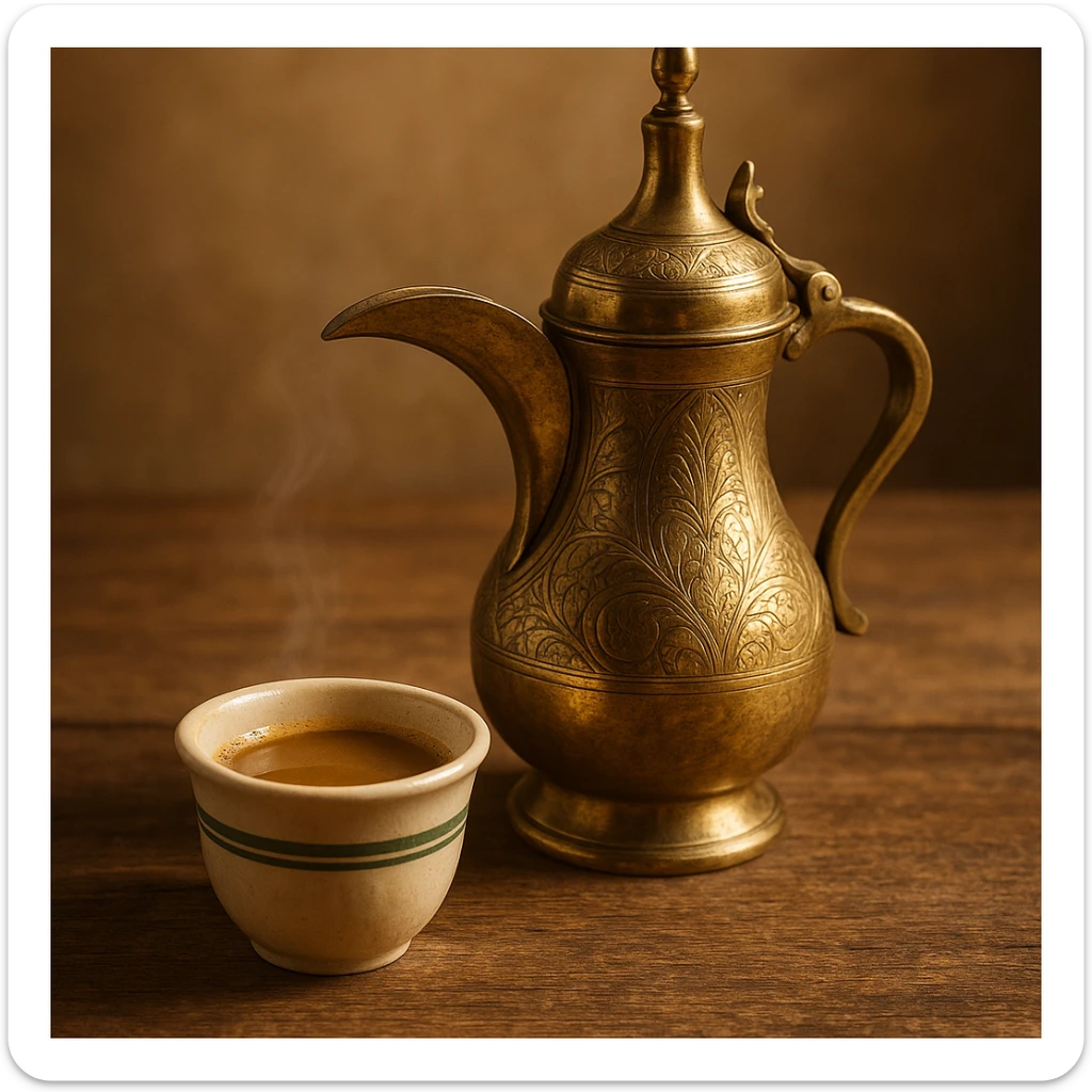 a cup of Saudi coffee with a traditional dallah pot and a small cup, warm and inviting atmosphere, intricate details, authentic look sticker