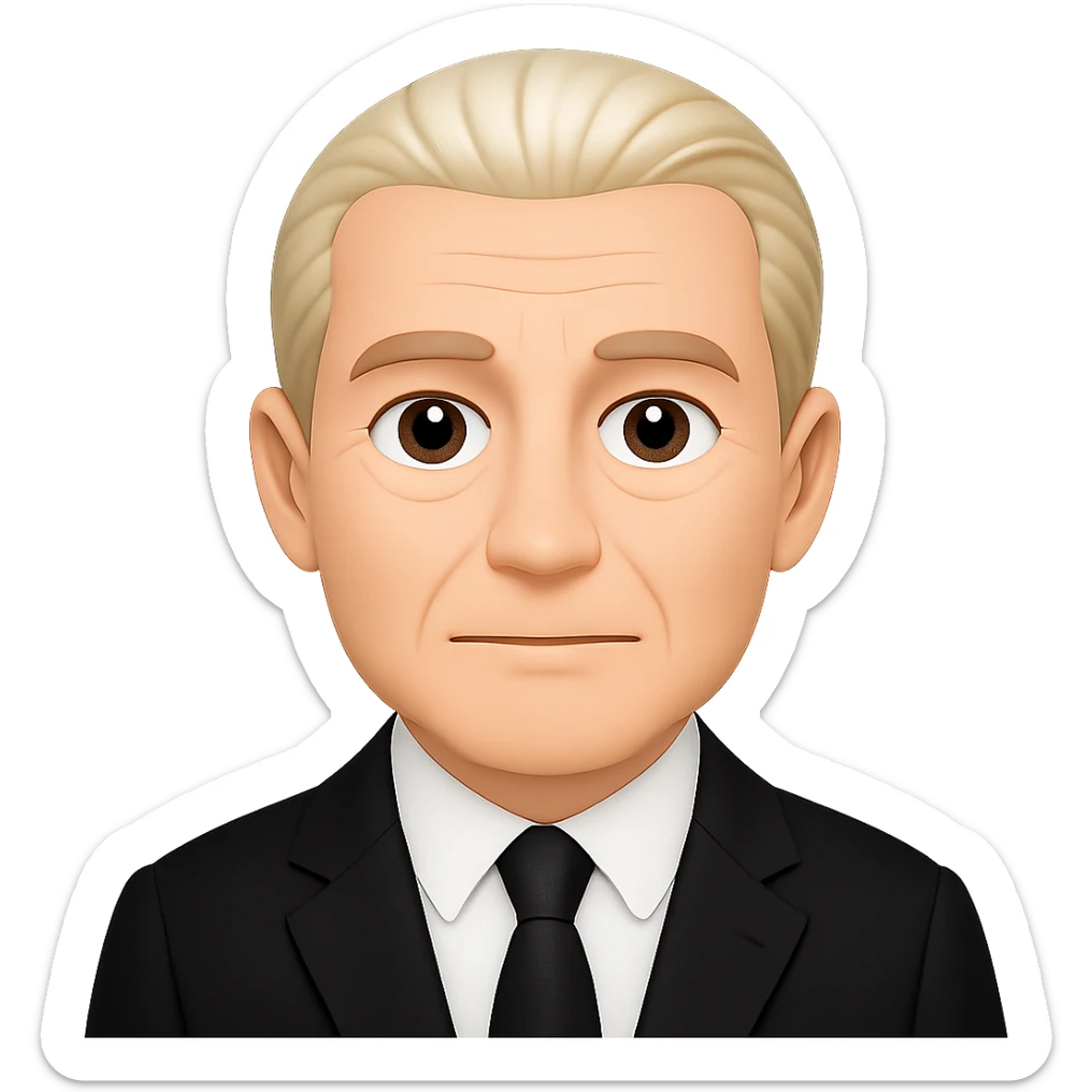 Create an emoji style image of Draco Malfoy at 50 years old, wearing a black suit. Keep the background transparent. The style should resemble classic emoji aesthetics with clear, simple features and vibrant colors. sticker