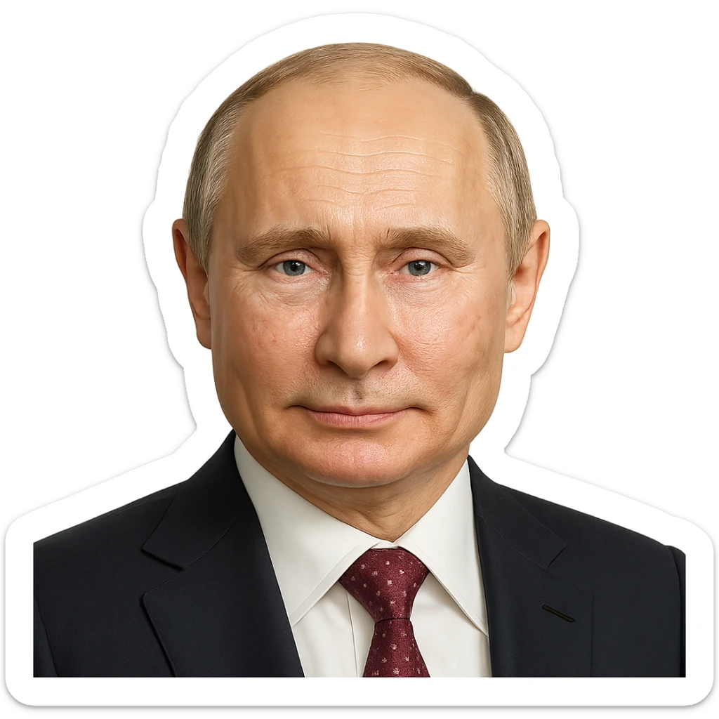 hyper-photorealistic portrait of Vladimir Putin, extremely detailed, almost indistinguishable from a real photo, round face with a hint of emoji style, polished finish, neutral background sticker