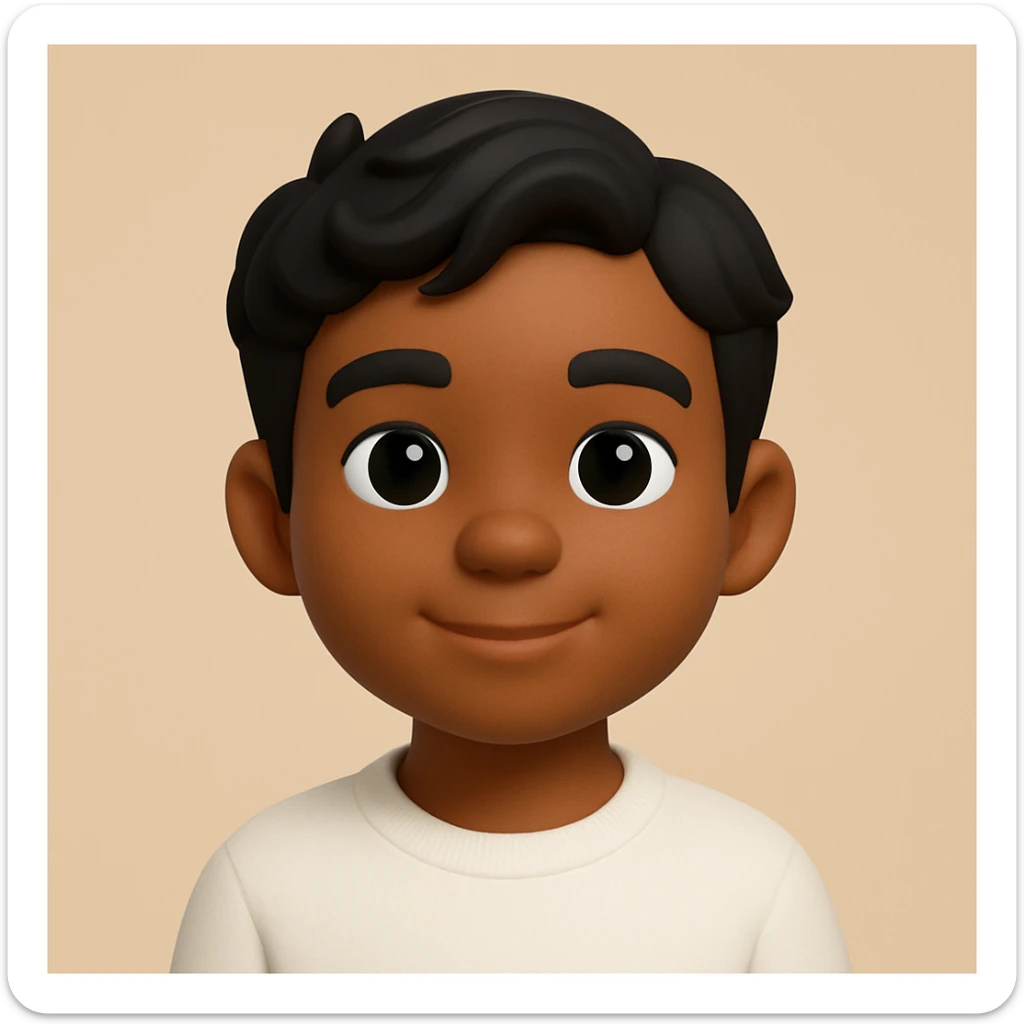 Make the boy slightly darker with tanned skin, keeping his black wavy hair, black eyes, no beard or mustache, and wearing a white sweatshirt. The style should resemble 3D emoji style. sticker