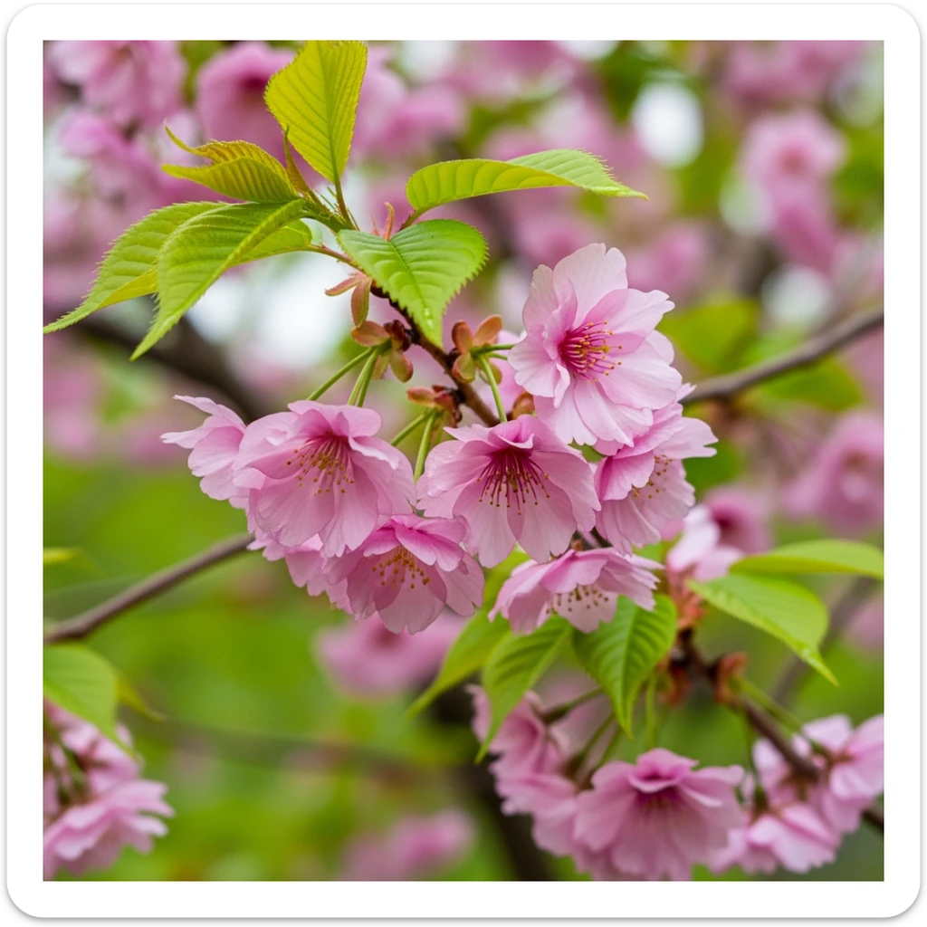 pink cherry blossom with green leaves sticker