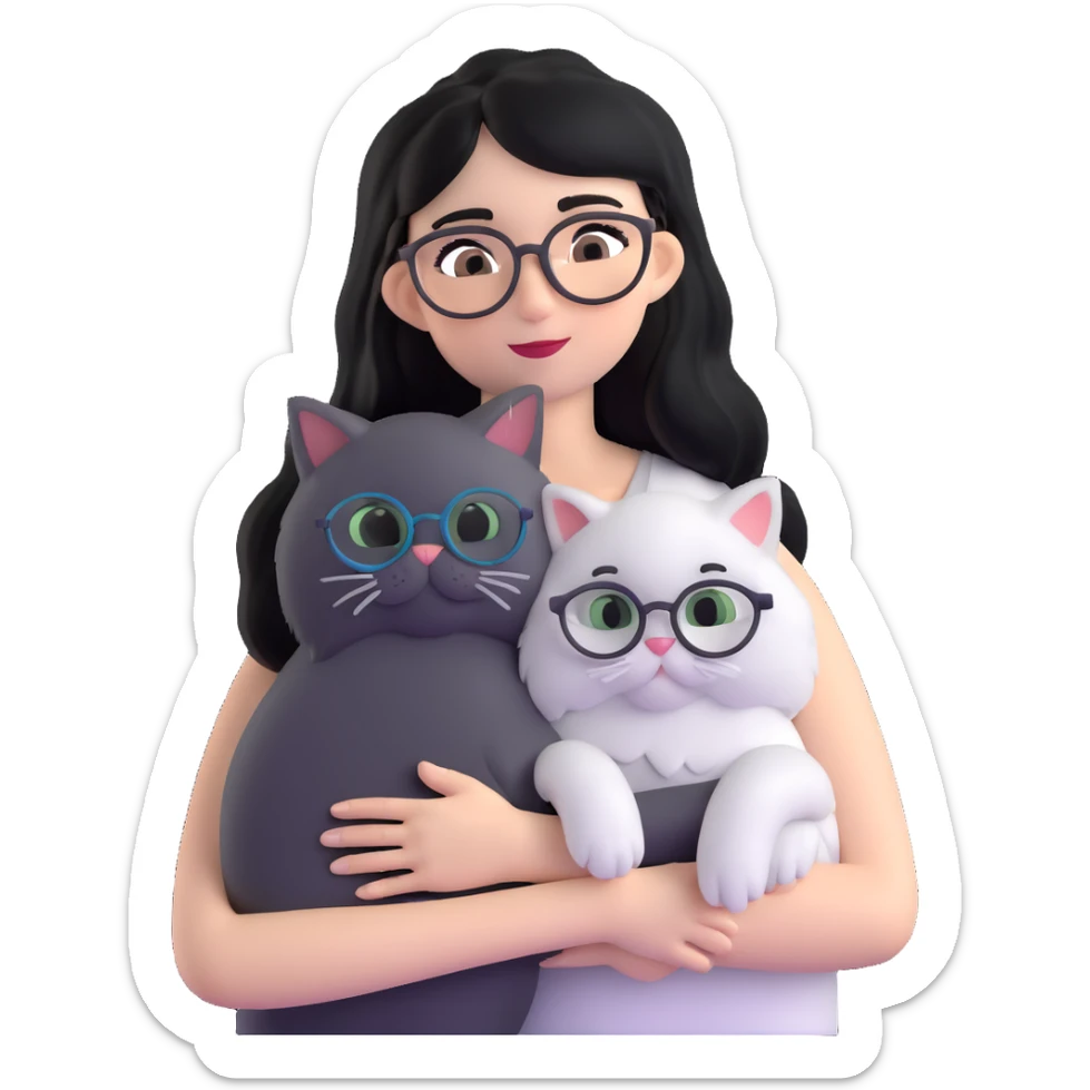 Skinny woman with oval glasses, long straight black hair, wearing white sleeveless top, hugging a grey Persian-Angora cat, plain background sticker