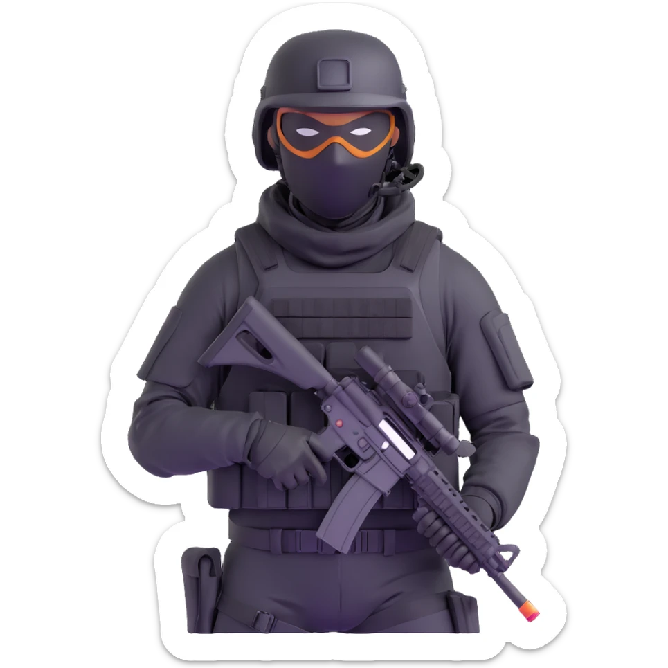 armed figure in all-black tactical gear, shiesty mask, helmet, holding a rifle sticker