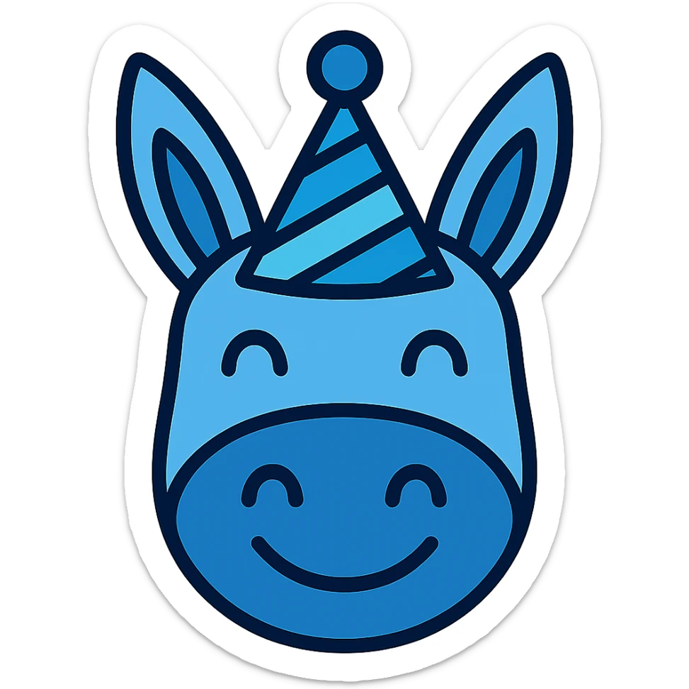 Add a colorful party hat with blue tones to the happy donkey head icon, in color outline style, with no background. sticker
