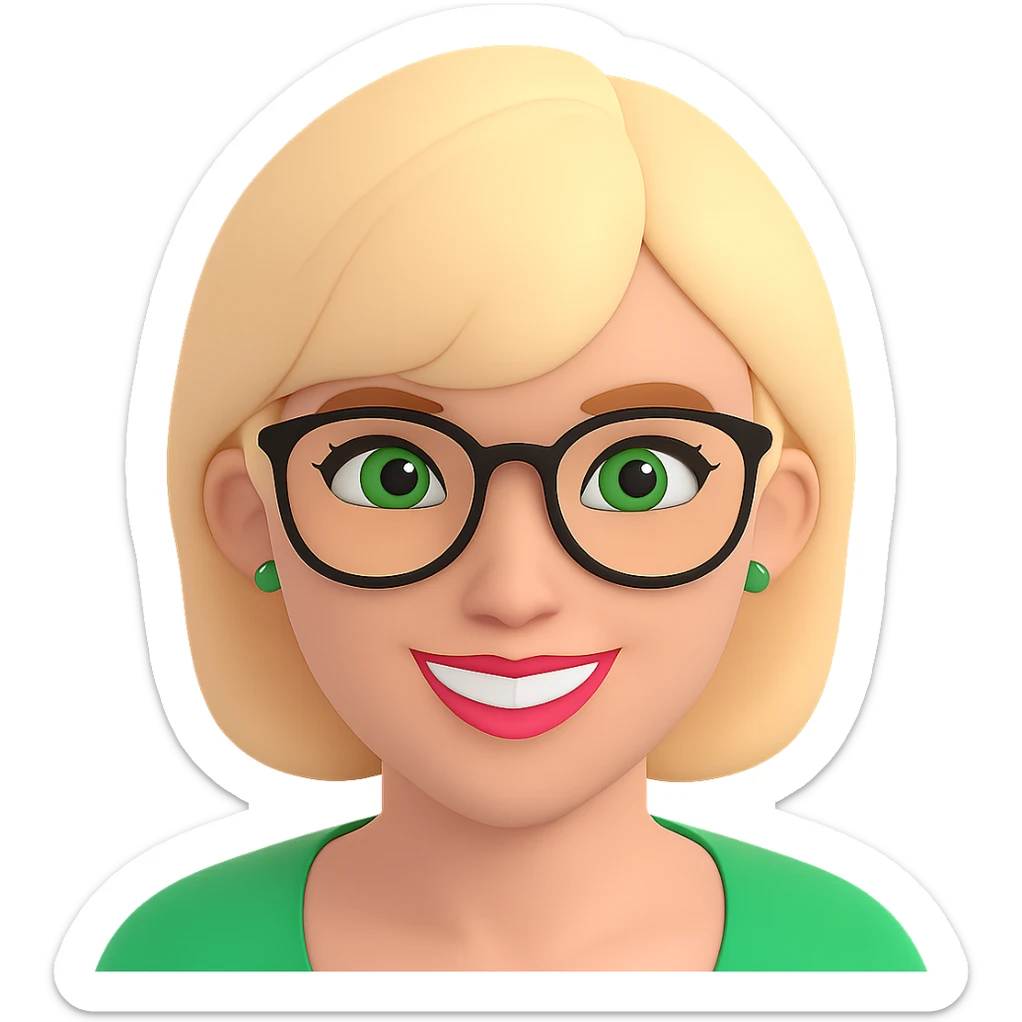 Add stylish glasses to the woman with thick blonde short hair and green eyes in a 3D emoji style. Keep the 3D emoji look consistent and remove the background. sticker
