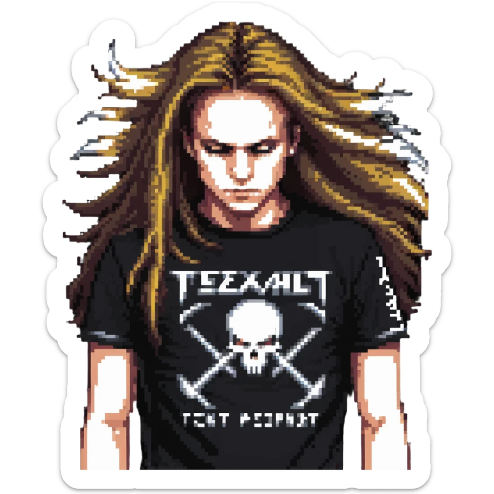 A person headbanging with long hair, wearing a metal band t-shirt sticker