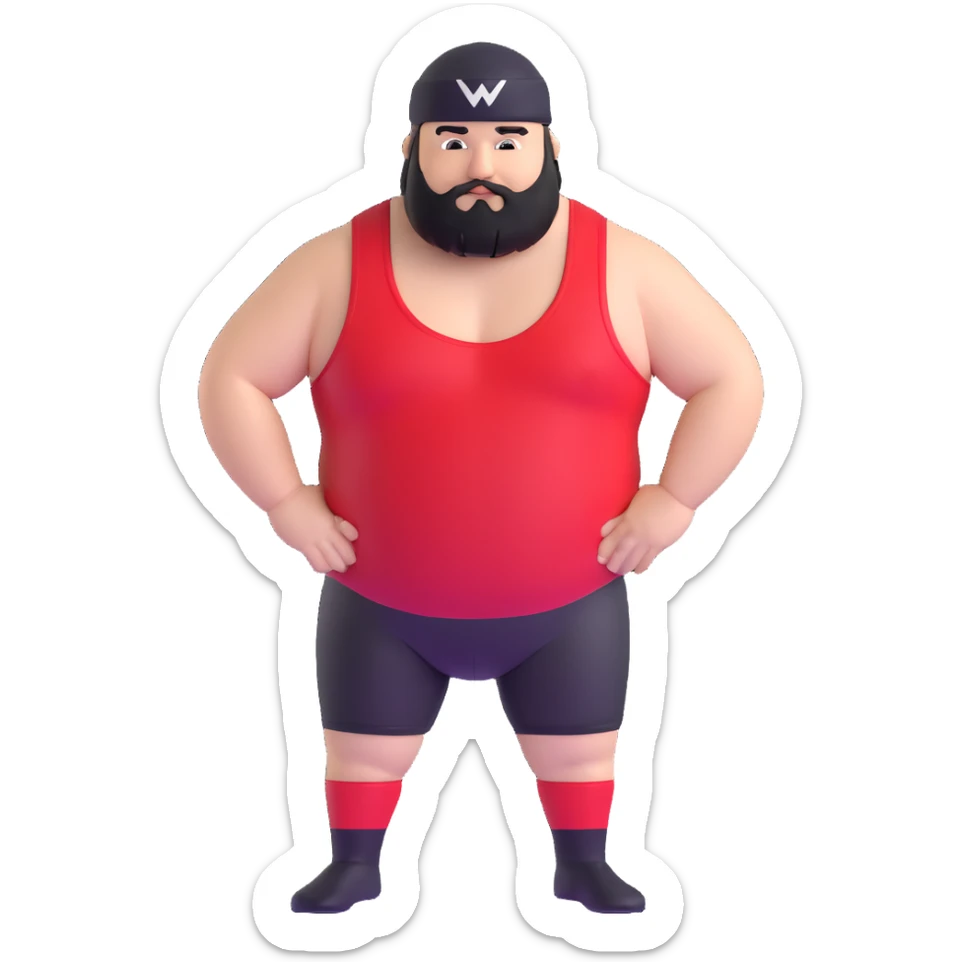 White skin fat guy with black durag and black beard in a red and black wrestling singlet sticker