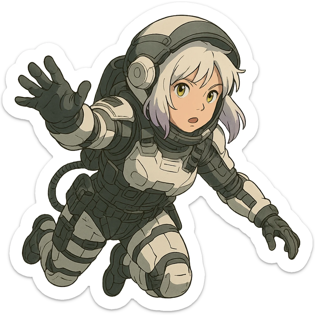 1 female, white hair lavender tips gold yellow eyes, a tactical female space warrior floating in zero-g EVA operations, reaching in front of her sticker
