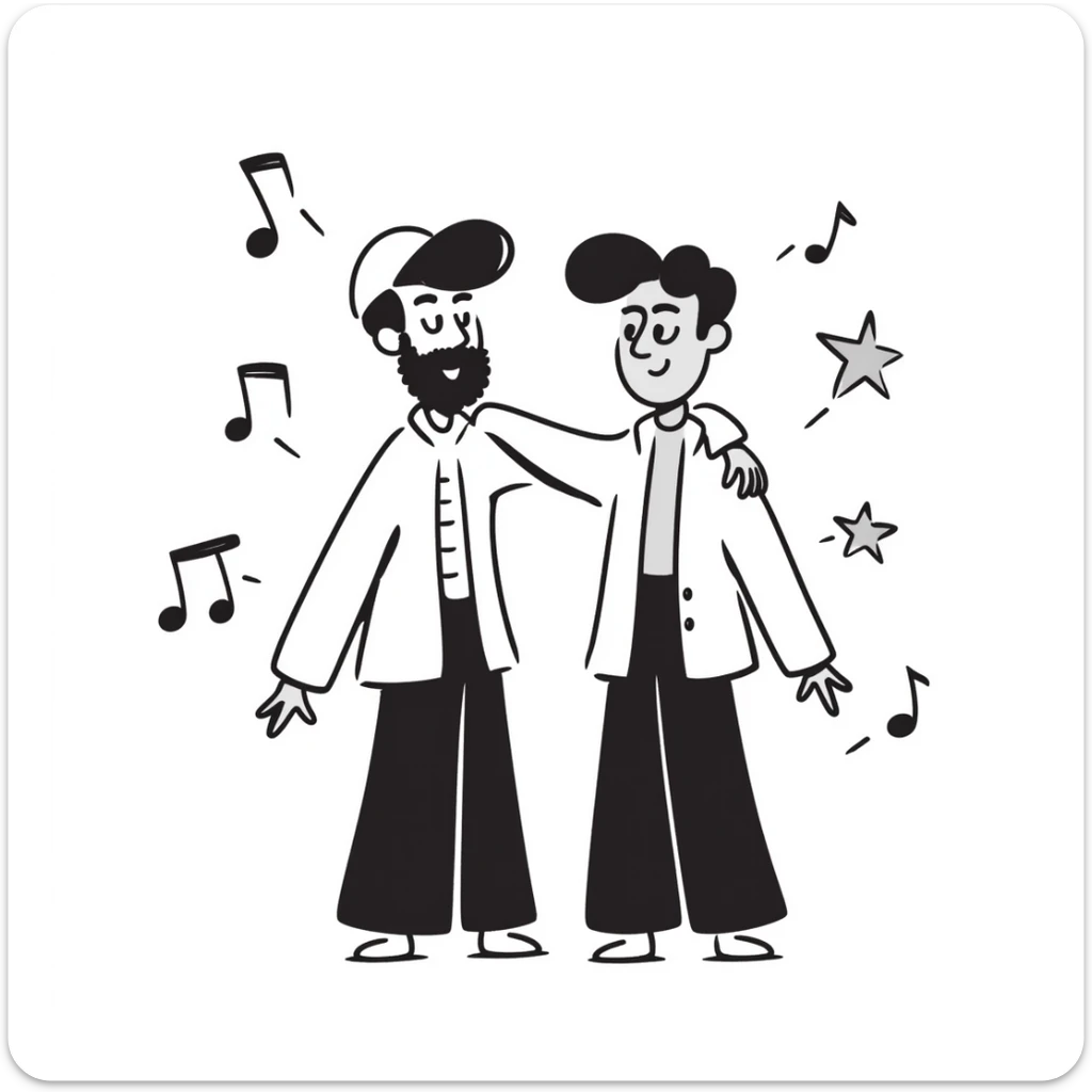 Two brothers who are musicians: a noticeably taller 35-year-old with stylized beard and backwards cap (big brother) with his arm around his shorter 25-year-old brother. Side by side, facing forward, celebrating. Music notes and stars around. Band members cheering in background. sticker