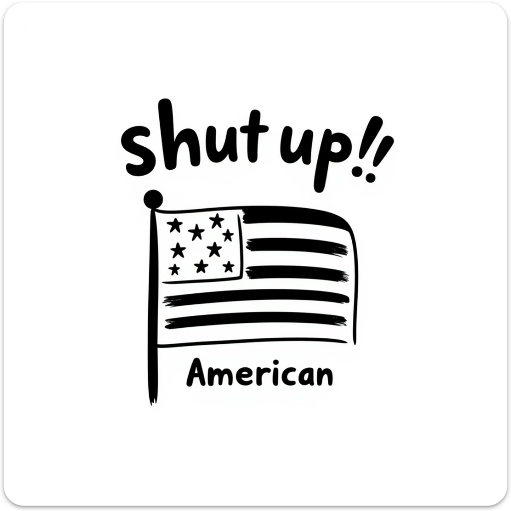 hand-drawn doodle emoji with 'shut up' at the top, USA flag in the center, and 'american' at the bottom sticker