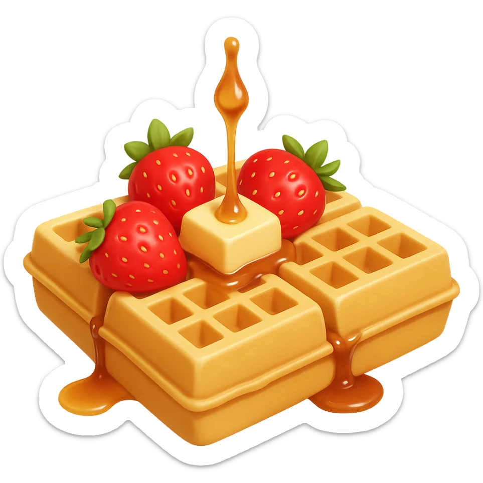 Add fresh strawberries on top of the golden waffle, keep the melting butter and maple syrup drizzle. Use soft lighting and minimal shadows. The style should resemble emoji style with no background. sticker