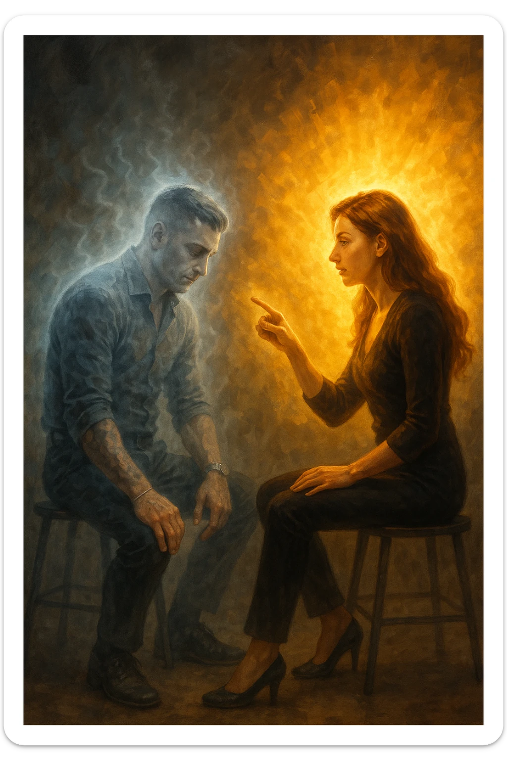 Man receiving advice from a woman, symbolically losing masculine energy, his aura fading while hers shines. Conceptual composition, two seated figures, emotional tension, abstract background." sticker