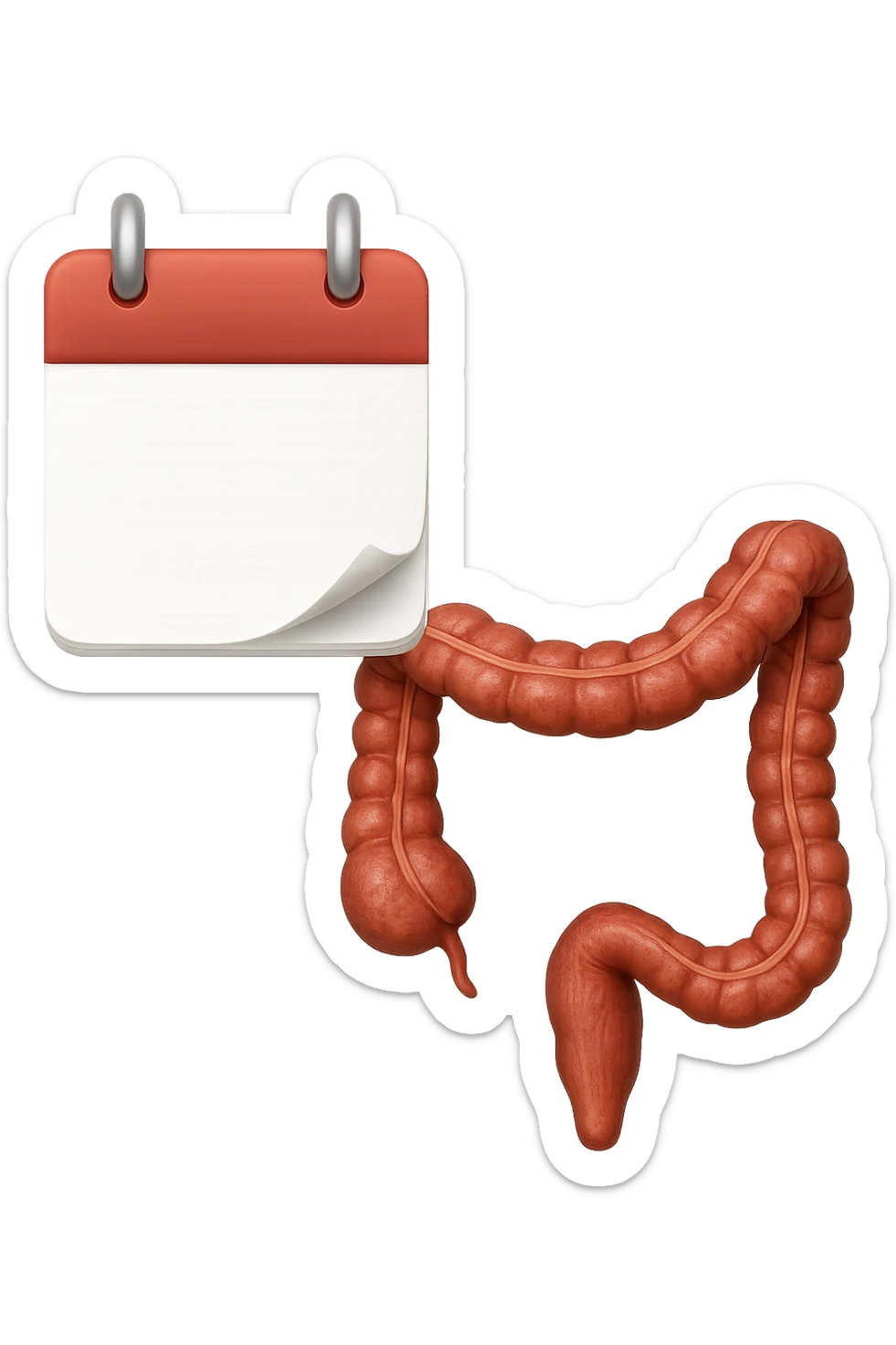 emoji stile iphone di un calendario con fogli che volano insieme a pezzi anatomici di colon umano, iperrealistico 4k, isolato su sfondo bianco sticker