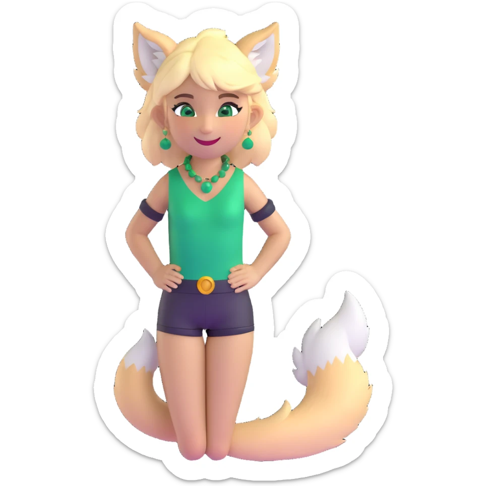 furry girl with wolf ears and tail, short blonde hair, emerald green eyes, soft skin, smiling sticker