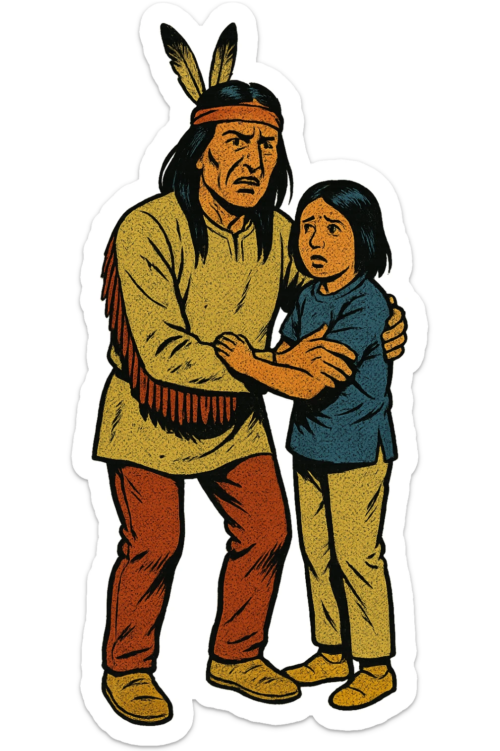 The full body of native American father and his child from the 1870s looking concerned sticker