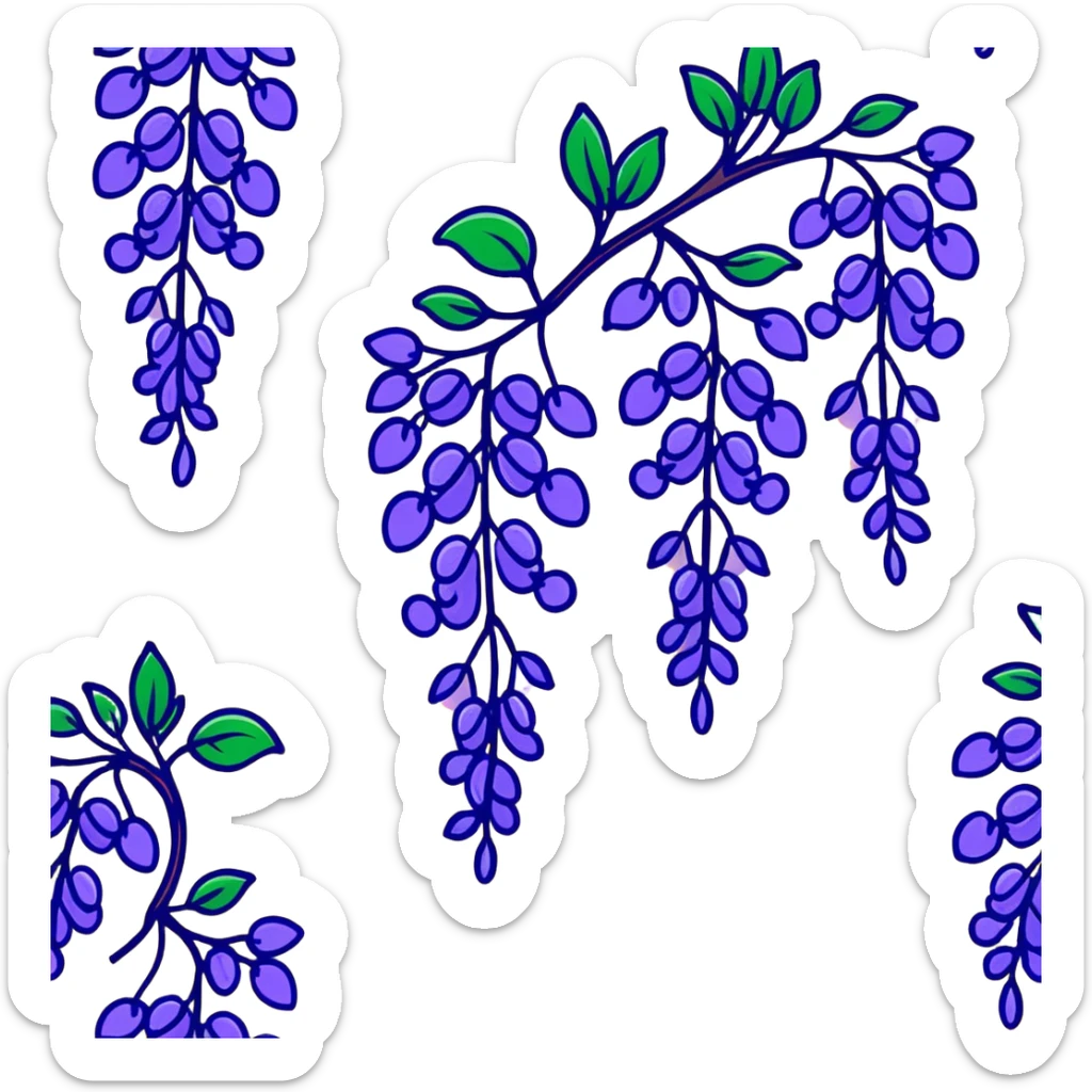 Decorative wisteria flower with elegant drooping clusters of purple blossoms and small bright green leaves sticker