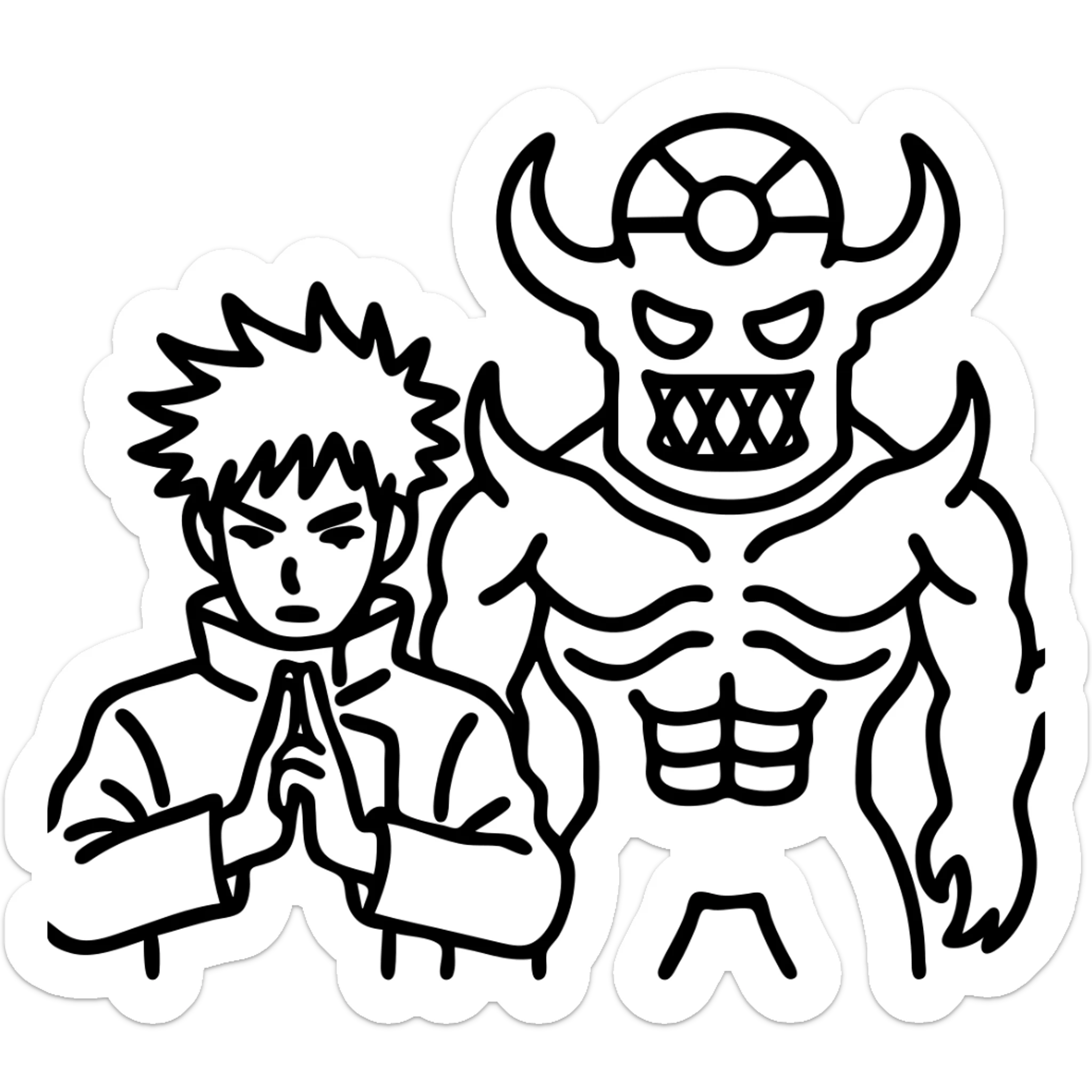 Add Megumi Fushiguro in a summoning pose next to Mahoraga as an outlined icon with bold lines and no fill, both characters visible. sticker