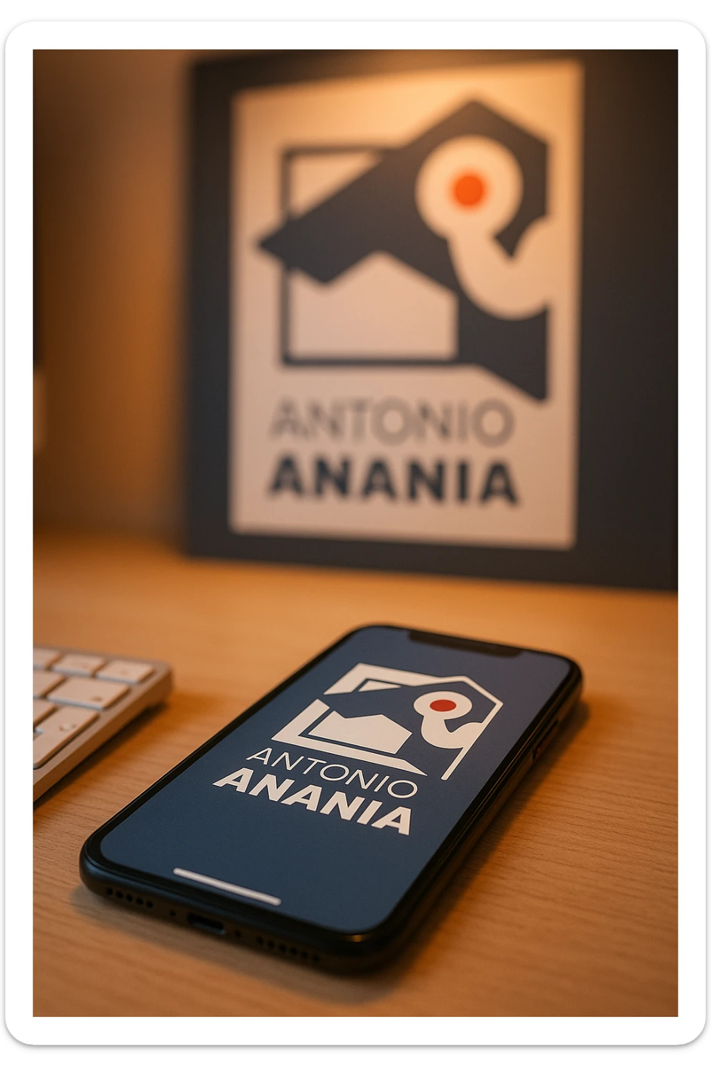 A photo of an iPhone on the desk with the logo of "Antonio Anania" on its screen, The phone sits atop a desk with a blurred with the logo in the background that suggests work environment. A faint glow from above casts gentle shadows across the surface of each object, creating depth and highlighting their textures sticker