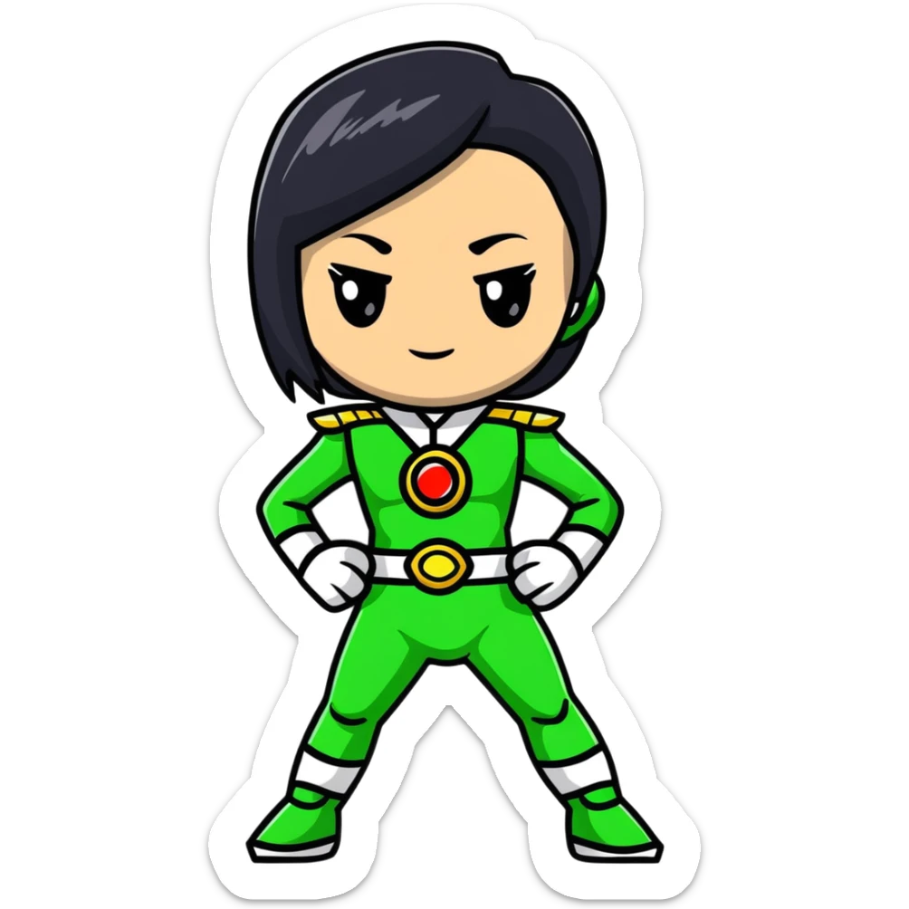 wasian girl in a green Power Ranger suit, black straight hair, black eyes sticker