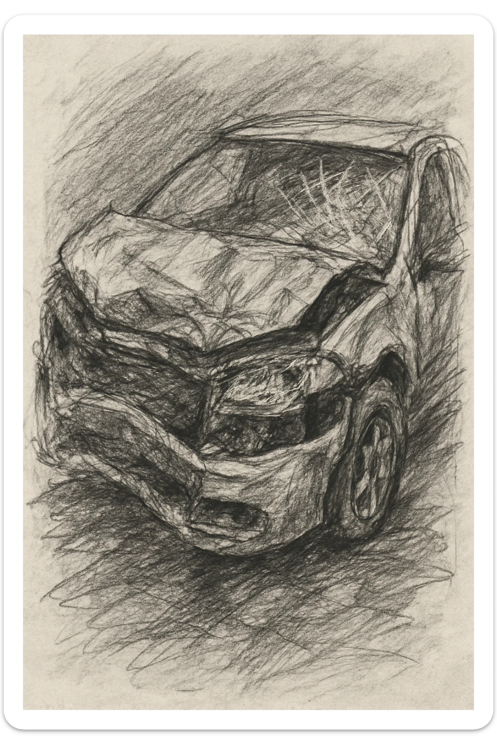 hand-drawn sketch of a badly damaged car, rough lines, crumpled hood, shattered glass sticker