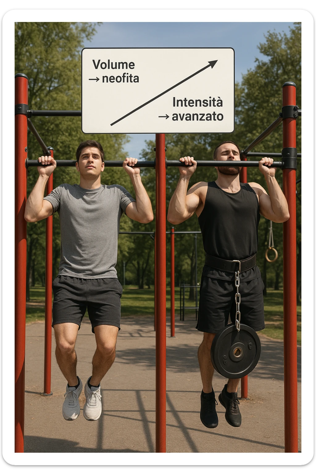 Due atleti fianco a fianco in un parco attrezzato: a sinistra il neofita che fa 10 trazioni leggere con concentrazione, a destra l’atleta avanzato con cintura zavorrata che fa 3 ripetizioni lente e pesanti. Tra loro, grafico sospeso in aria che mostra: 'Volume → neofita | Intensità → avanzato'. Stile realistico con elementi educativi visivi in italiano sticker