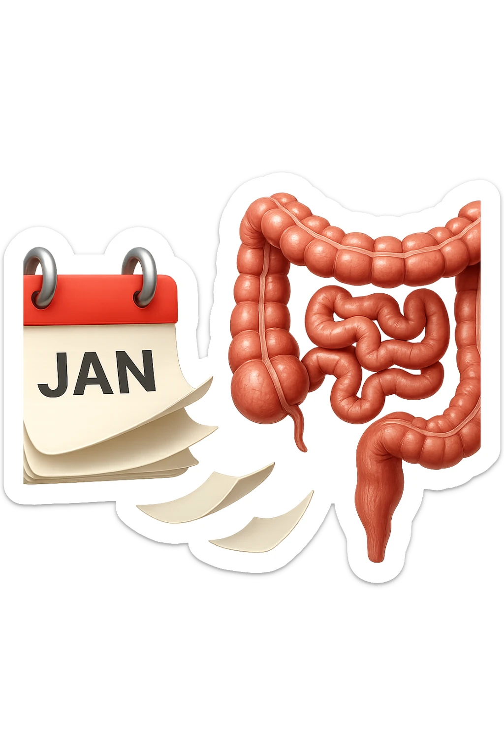 emoji stile iphone di un calendario con fogli che volano insieme a pezzi anatomici di colon umano, iperrealistico 4k, isolato su sfondo bianco sticker