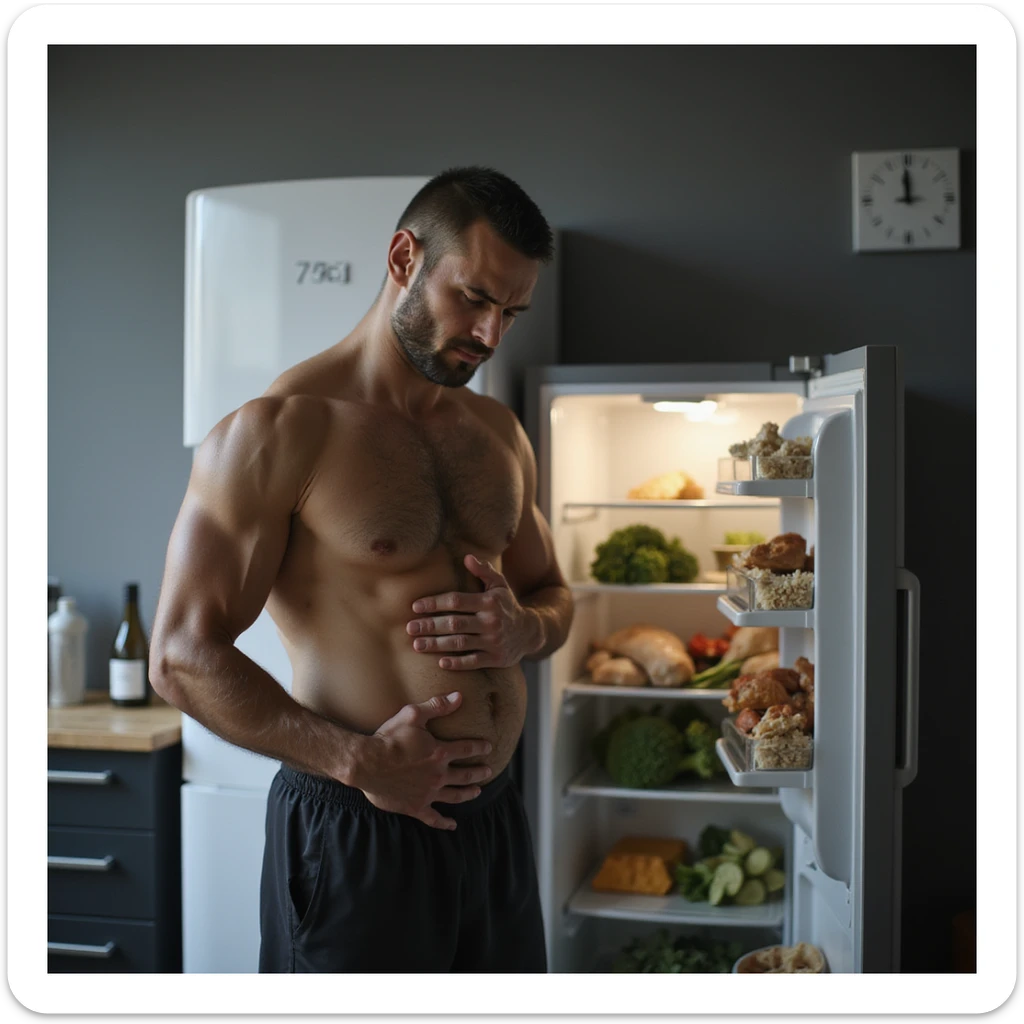 hyperrealistic 4K image of a man in gym clothes clutching his bloated stomach with a pained expression, standing next to a bathroom scale showing '75kg', open fridge in the background packed with chicken, rice, and broccoli, gym and kitchen setting sticker