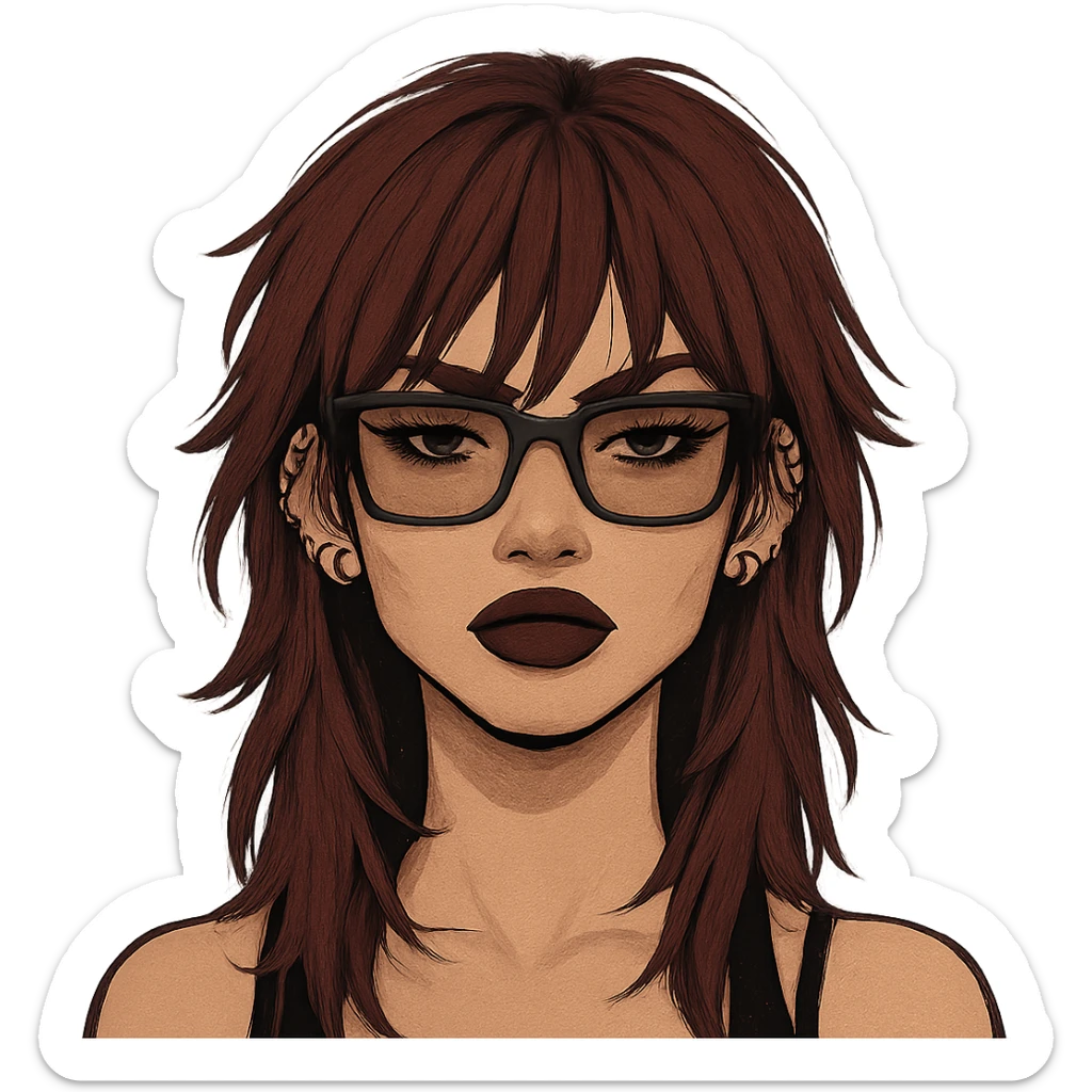 avatar with burgundy long shaggy cut hair, rectangle black-brown two-tone spectacles, baddie vibe, three lobe piercings on left ear, two lobe piercings on right ear sticker