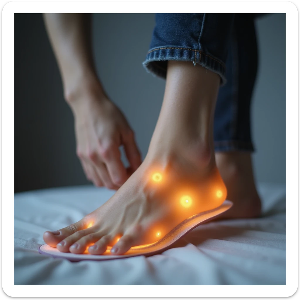 woman with orthopedic insole highlighted in different color or transparent to show fit to foot, evident pain, realistic style, clinical environment sticker