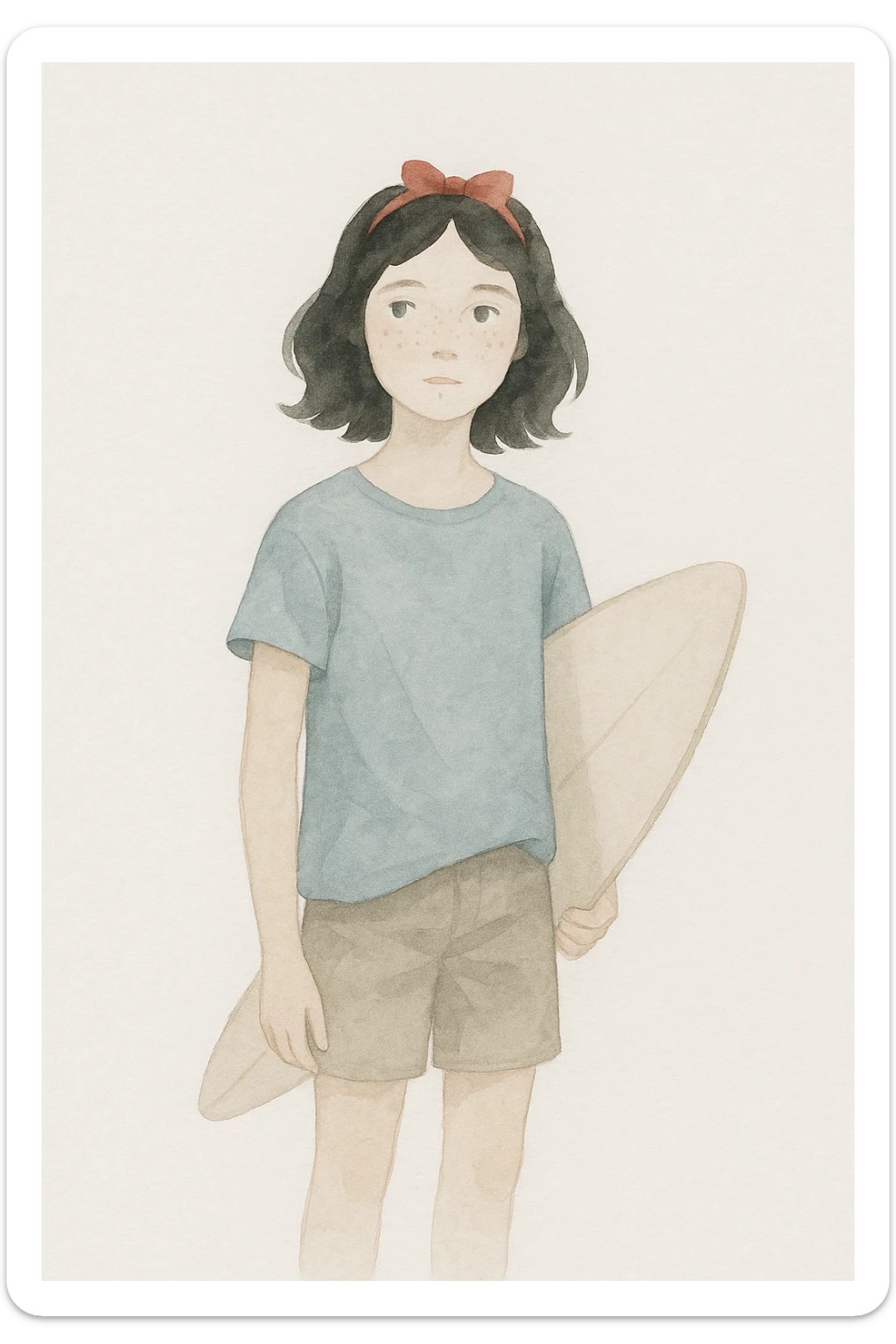 14-year-old girl resembling Snow White, hair slightly below shoulders, small green eyes, some freckles, surfer, medium height, watercolor style sticker