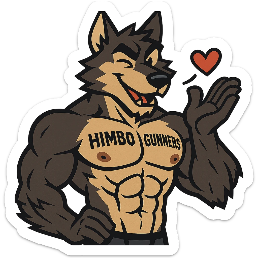 very muscular wolf furry, shirtless, with 'Himbo Gunners' tattooed on his pecs, blowing a kiss and winking, playful and confident expression, highly detailed fur and anatomy, ultra high quality sticker