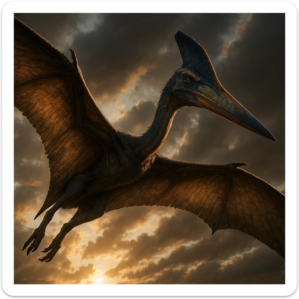 quetzalcoatlus dinosaur in the style of the Ark: Survival Evolved game, flying with wings spread, dramatic lighting, realistic textures sticker