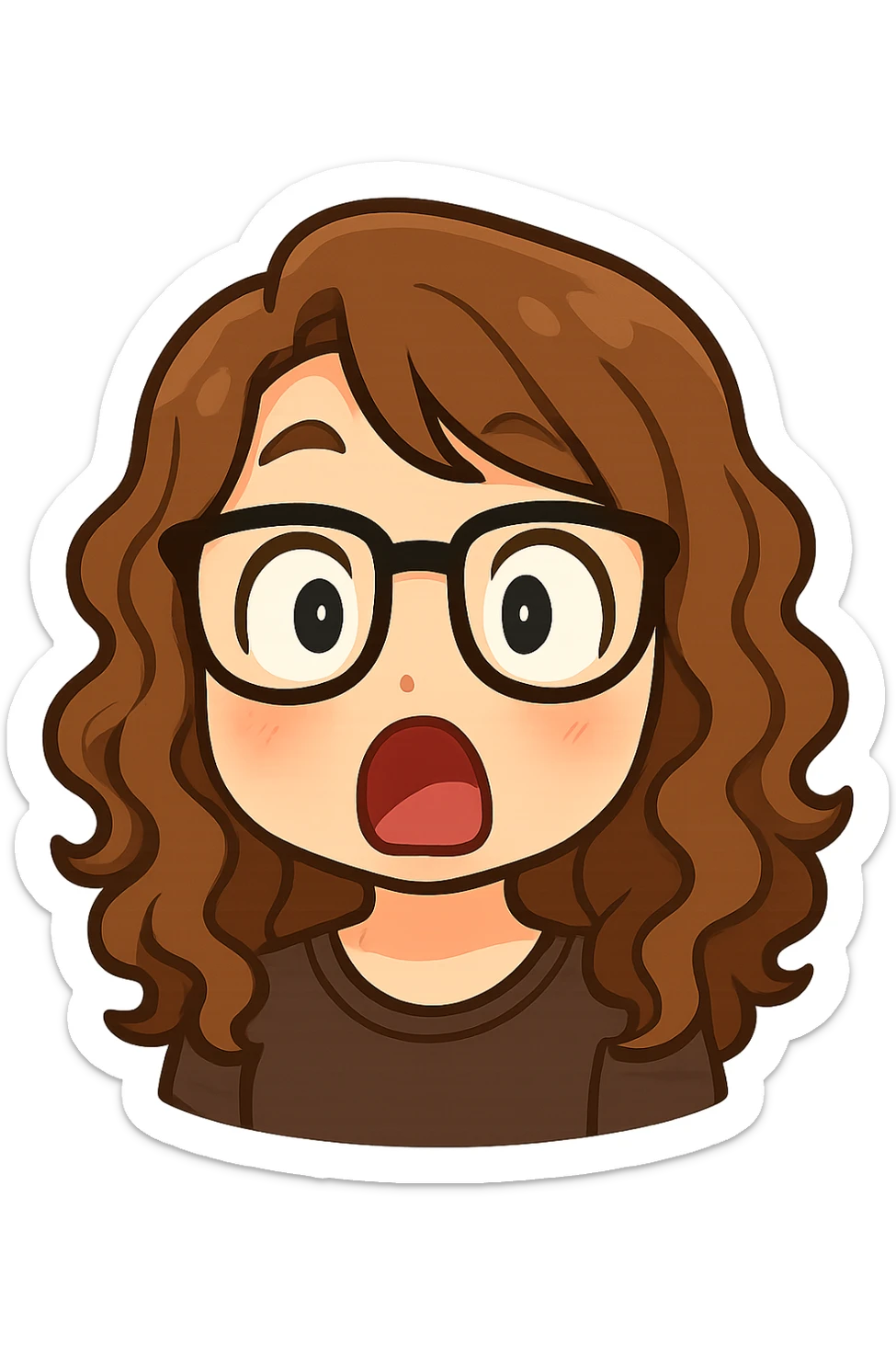 Create a chibi sticker emoji of this person with glasses and curly hair, surprised expression, in Twitch emote style, with a transparent background. sticker