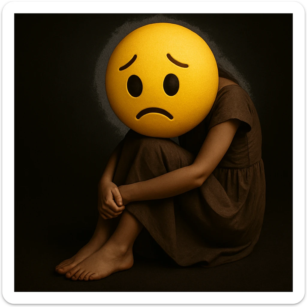 Replace the girl's face with a classic yellow emoji face, keeping the rest of the image and mood unchanged. The style should resemble a classic yellow emoji face. sticker