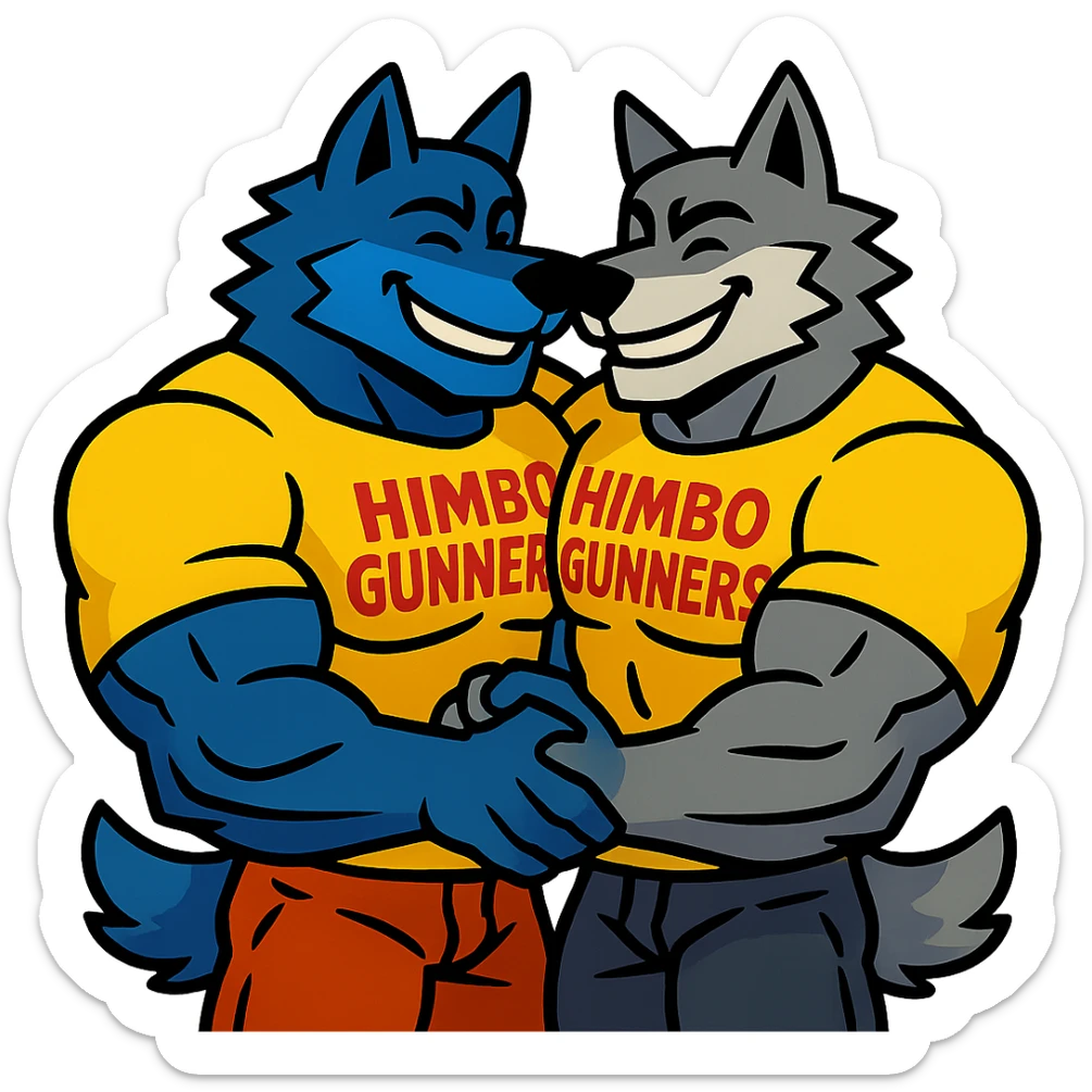 keep only the pair of ultra-muscular wolf furries in 'Himbo gunners' t-shirts hugging sticker