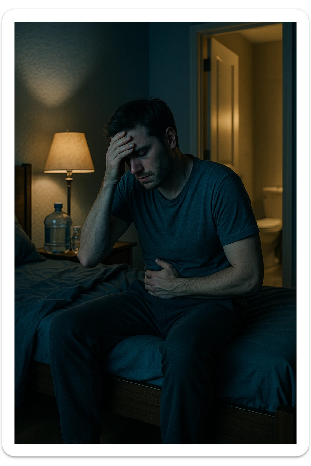 A cinematic scene of a man in his 30s sitting on the edge of his bed at night, clearly tired and frustrated. On his nightstand are several empty water bottles and a large reusable water jug, suggesting excessive hydration. A dim lamp casts soft shadows in the room, and the door to the bathroom is open with light spilling out — symbolizing repeated nightly visits. The man holds his head in one hand, while the other rests on his abdomen, eyes heavy with fatigue. The atmosphere is quiet and introspective. Cool color grading with deep blues and pale yellows enhances the nighttime mood. Style: 35mm cinematic realism, with attention to emotional detail and ambient lighting sticker