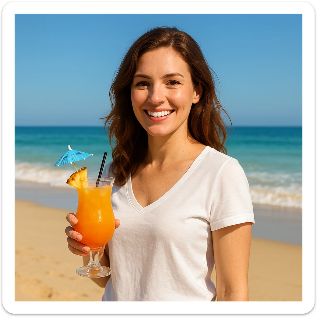 take this picture of a woman and make it  beach photo with drink sticker