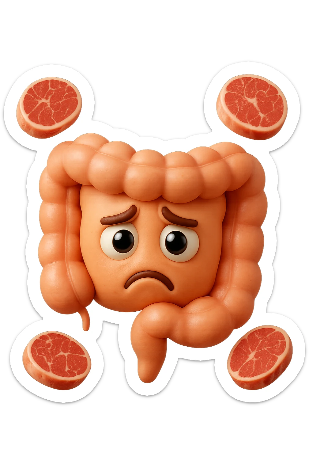 emoji stile iphone in 3d di un intestino triste con fette di carne che gli fluttuano intorno, gli occhi falli con la parte bianca pure, iperrealistico 4k sticker