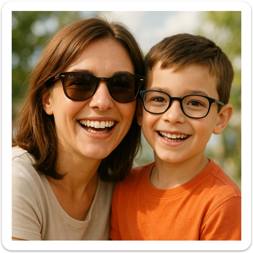 A happy woman with brown hair and a child boy, both wearing Ray-Ban glasses sticker