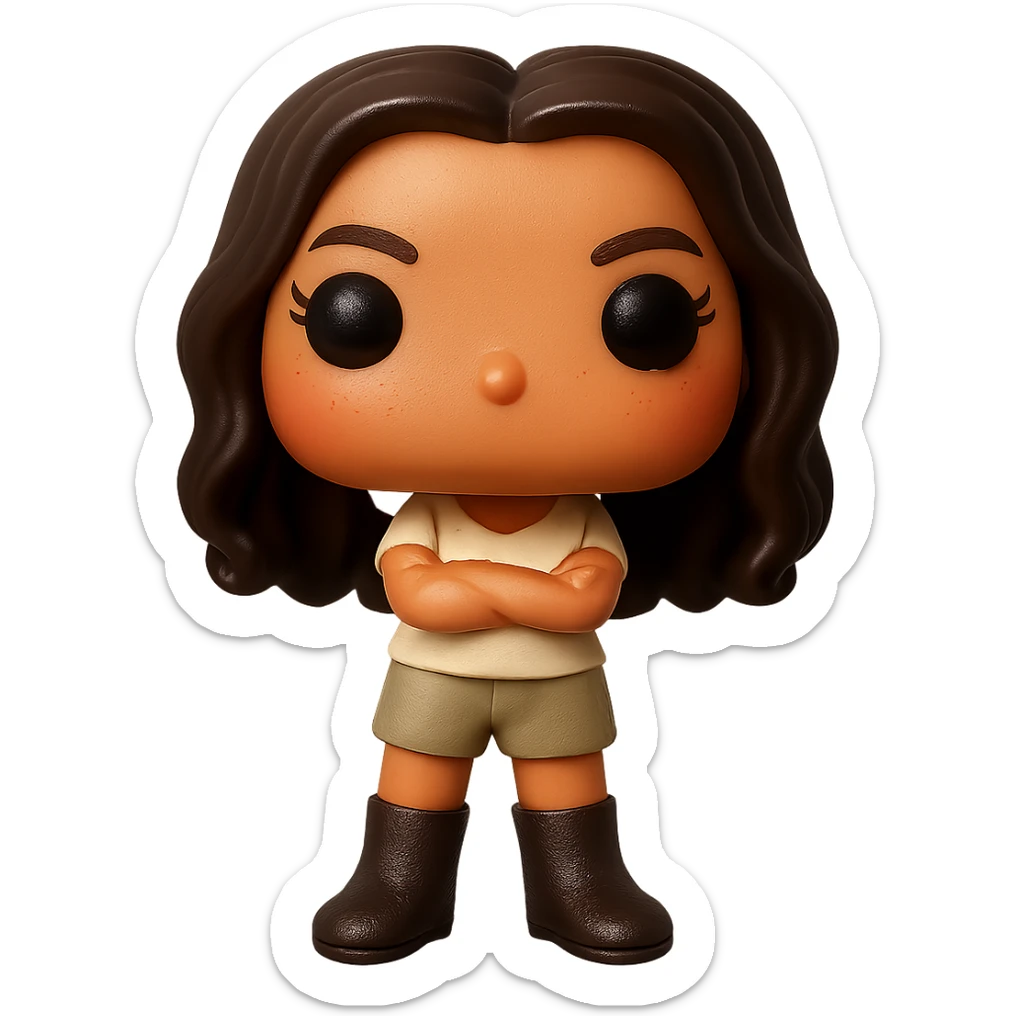 Enhance the quality of the image with smooth golden peach skin and a healthy glow, dark hair with subtle auburn highlights, dark greige leather boots, textured clothing (cream top, greige bottom), arms crossed, rosy cheekbones, very subtle freckles, no neck visible, eyebrows with a mischievous and playful expression, no mouth, transparent background. Maintain the original style and details from the reference image. sticker