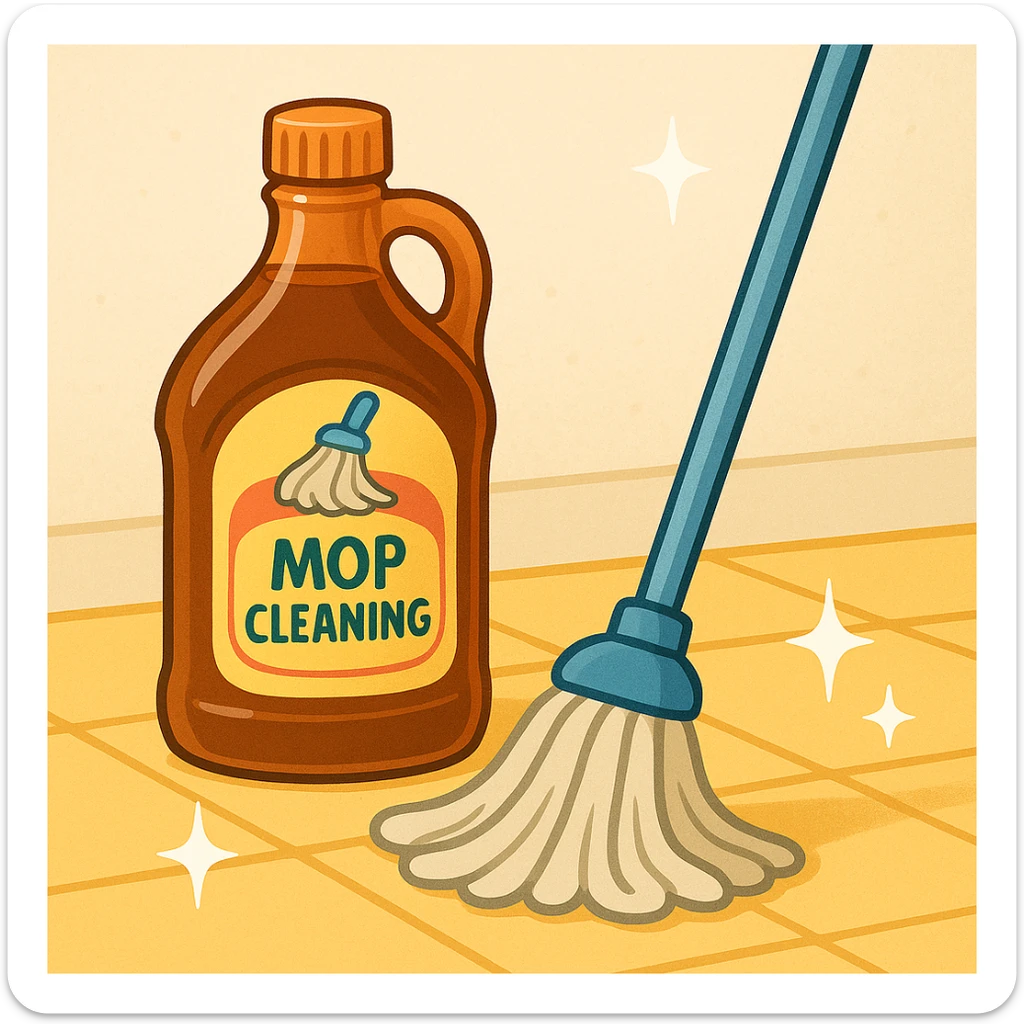 A bottle of syrup labeled 'mop cleaning', with a mop and sparkling clean floor, in a clear, friendly style sticker