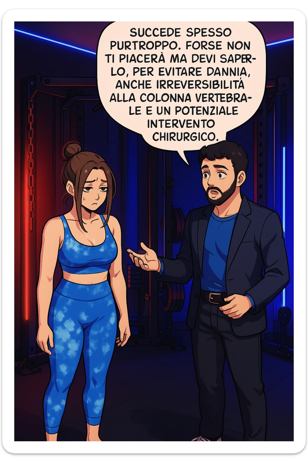 fai questa immagine in versione fumetto/manga/webtoon a colori, il manga mostra l'uomo che risponde alla donne:
Succede spesso purtroppo. 
Forse non ti piacerà ma devi saperlo, per evitare danni, anche irreversibili, alla colonna vertebrale e un potenziale intervento chirurgico. sticker
